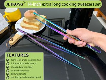 JETKONG 2 Pcs 14-Inch Culinary Tweezers Extra Long Food Tweezers Kitchen Tweezer Tongs for Cooking Grilling and BBQ (Rainbow) - color: Rainbow, size: 14+14 Inch