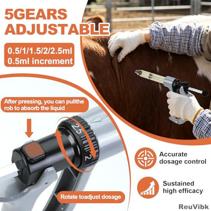 25ml Semi-Auto Repeating Livestock Syringe Gun, 5 Dose Settings | Ergonomic Grip, Clear Barrel & Luer Lock, Vet Injector for Cattle, Horses, Goats, Sheep & Pigs - color: Silver Gray25ML-B