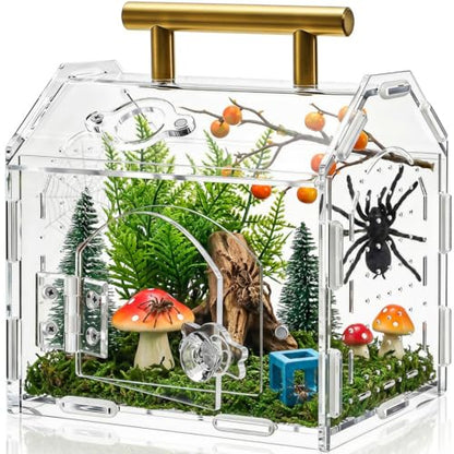 Tlence Jumping Spider Enclosure with Handle, Front Opening Acrylic Arboreal Terrarium with Magnetic Closure, Portable Micro Reptile Habitat for Tarantulas, Frogs, Gecko, Mantis