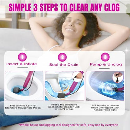 Manual Drain Unclogger with Adaptive Inflatable Plug, Fits NPS1.5~4.5" Pipes for Toilet/Sink/Bathtub, No Extra Accessories, Hand Pump Pressure & Washable, Lightweight Toilet Plunger & Drain Auger Tool | Fits NPS 1.5-4.5" pipes, washable, no electricity, n