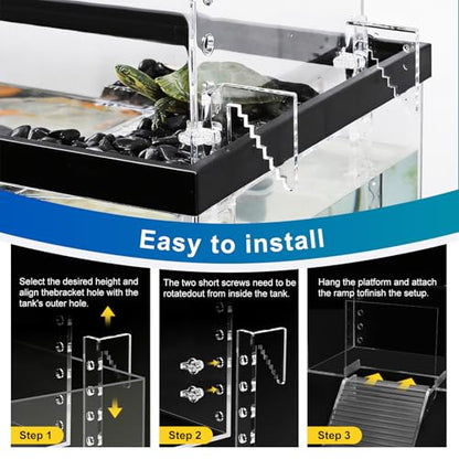 Adjustable Turtle Basking Platform, 7.8 x 5.5 x 5.5 Inch Above Tank Topper with Ramp for Small and Medium Aquatic Turtles, Transparent Acrylic Turtle Aquarium Dock Accessories