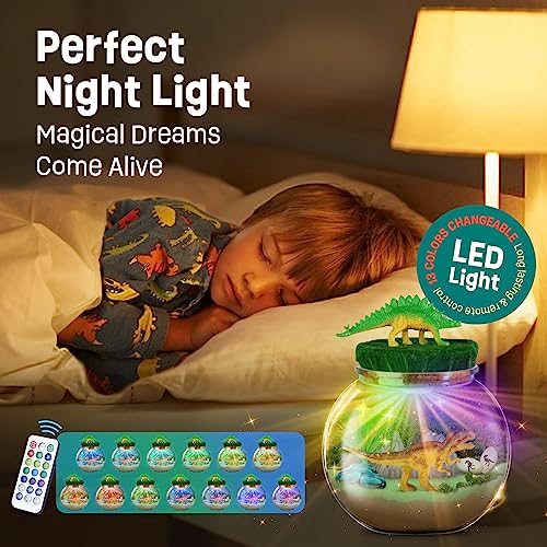 Dinosaur Terrarium Kit, Dinosaur Toys for Kids 5-7, Birthday Gifts for Boys | DIY terrarium with 13 LED colors and 5 dinosaur miniatures; science craft kit and birthday gifts for boys ages 5-12 - style: Dinosaur Kit