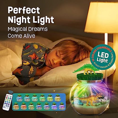 Dinosaur Terrarium Kit, Dinosaur Toys for Kids 5-7, Birthday Gifts for Boys | DIY terrarium with 13 LED colors and 5 dinosaur miniatures; science craft kit and birthday gifts for boys ages 5-12 - style: Dinosaur Kit