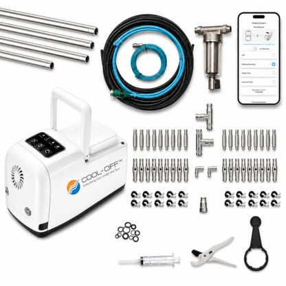 40’ High-Pressure Mist Cooling System Kit with Premium Edition Remote Pump W/App Control for Outdoor Usage Comes with CO100 Pump (.004-20 nozzles) (Black 1/4" Tubing 40 ft) - color: 40' w/ 20- .004" Nozzles For Super Humid Climates