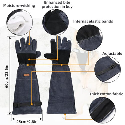 Animal Handling Gloves Bite Proof,23.6inch(60cm) Thickened Leather Bite-Resistant Protective Gloves for Cat Dog Bird Falcon Livestock Snake,Pet Reptile Care Gear