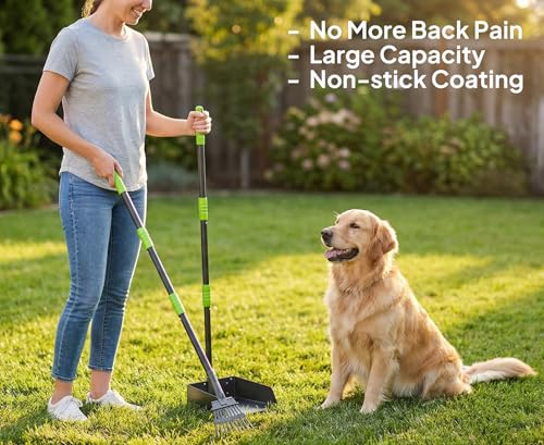 Pooper Scooper for Dogs, Metal Poop Scooper Tray and Rake Set with Adjustable Long Handle, Dog Pooper Scooper for Pet Waste Removal - color: Black & Green
