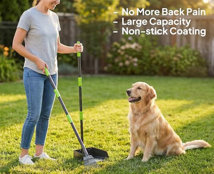 Pooper Scooper for Dogs, Metal Poop Scooper Tray and Rake Set with Adjustable Long Handle, Dog Pooper Scooper for Pet Waste Removal - color: Black & Green