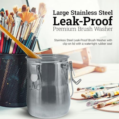 U.S. Art Supply Large Stainless Steel Leak-Proof Deluxe Paint Brush Washer with Wash Tank, Clip-On Lid, and Strainer Cup - Oil Paint Brush Cleaner for Artists
