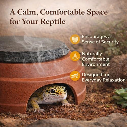 Ceramic Reptile Hide with Removable Slate Basking Platform, Humid Hide Cave for Leopard Gecko, Small Lizards, Snakes & Terrariums