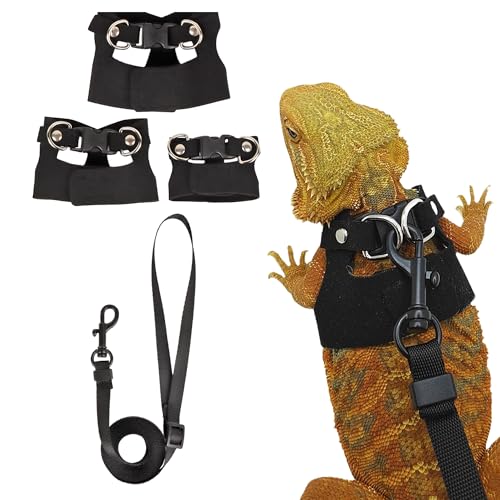 Bearded Dragon Harness Leash Set, 3 Size Lizard Harness, Black | Soft Vest Harness, Adjustable Hook and Loop, Durable Leash, For Bearded Dragon Lizard Reptile, Great for Outdoor Walking - color: Black