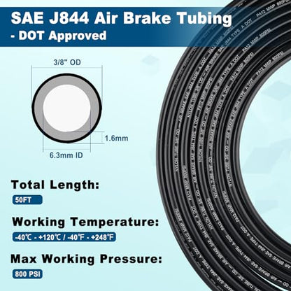 3/8" DOT Air Line, 50FT SAE J844 PA12 Nylon Air Tubing with Cutter | 3/8" DOT-Approved Brake Line, Flexible PA12 Nylon Tubing for Air Suspension Kit, Truck Trailer Brake System & Fluid Transfer - size: 3/8" OD 50FT