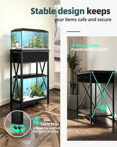 Fish Tank Stand with Drawer, 5-10 Gallon Aquarium Stand Easy Assemble | Stable Metal Frame, 2-Tier Breeder Reptile Turtle Terrarium Table Fits Office Home, 19.4"x11" MDF Tabletop, 220 lbs Capacity - color: Black, size: 5-10 Gallon