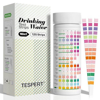 TESPERT Drinking Water Test Strips 125ct, Lead Home Tap Well Water Test Kit | 30s Quick Screening 16 in 1 Water Tester for Hardness, Lead, pH, Iron, Copper, Chlorine, Nitrite, Carbonate, Alkalinity