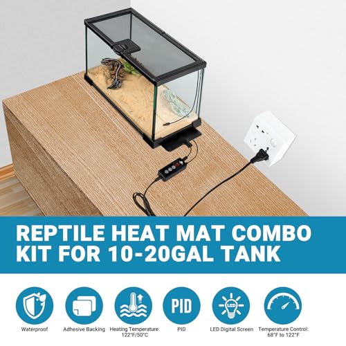 Reptile Heat Pad with Dimming Thermostat, 6" X 8" 8W Heating Pad Combo Set for 10-20 Gallon Reptile Tank, Under Tank Heater for Reptiles, Turtle, Snake, Lizard, Hermit Crab, Frogs, Seed - size: 8W