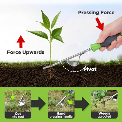 WORKPRO Weed Puller Tool, Metal Leverage Base and V-Shaped Forks | Heavy Duty Stainless Steel with Soft Handle for Easy Weed Removal and Deeper Root Digging, Manual Hand Weeder for Gardening