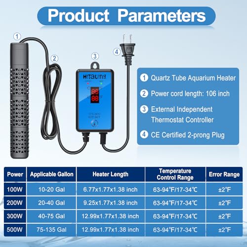 HiTauing Aquarium Heater, Upgraded 200W Fish Tank Heater with Intelligent Leaving Water Automatically Stop Heating and Advanced Temperature Control System, Suitable for Saltwater and Freshwater - size: 200W for 20-40 Gallon