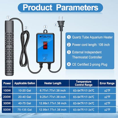 HiTauing Aquarium Heater, Upgraded 200W Fish Tank Heater with Intelligent Leaving Water Automatically Stop Heating and Advanced Temperature Control System, Suitable for Saltwater and Freshwater - size: 200W for 20-40 Gallon