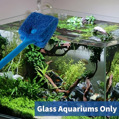 SLSON Aquarium Algae Scraper Double Sided Sponge Brush Cleaner Long Handle Fish Tank Scrubber for Glass Aquariums and Home Kitchen,15.4 inches (1)