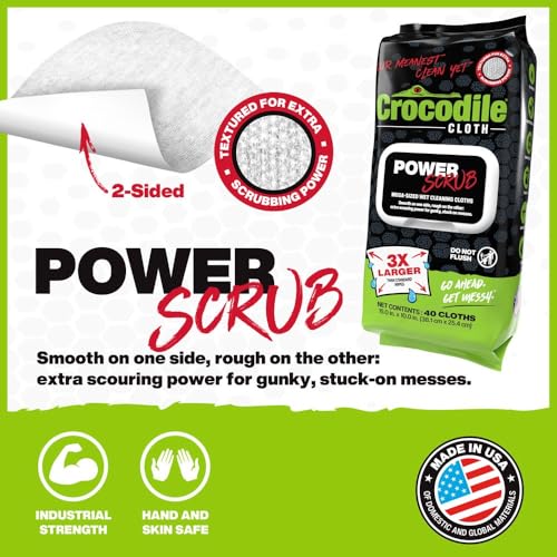 Crocodile Cloth PowerSCRUB Heavy-Duty Hand & Tool Cleaning Wipes, 40 Count | Dual-Surface Cloths, Moist, Absorbent, & Disposable - Safe on Skin & Multiple Surfaces - size: 40 Count (Pack of 1)