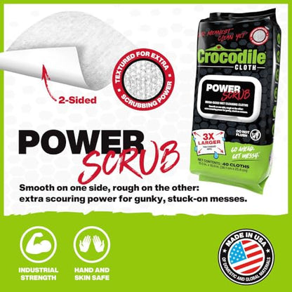Crocodile Cloth PowerSCRUB Heavy-Duty Hand & Tool Cleaning Wipes, 40 Count | Dual-Surface Cloths, Moist, Absorbent, & Disposable - Safe on Skin & Multiple Surfaces - size: 40 Count (Pack of 1)
