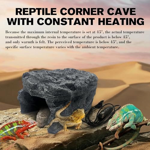 Heated Reptile Hide Cave - Rock Hideout with Adjustable Temperature, Thermostat Heating Rock for Bearded Dragons, Ball Pythons, Leopard Geckos & Small Animals - Snake Hide & Reptile Decor (Rock cave)