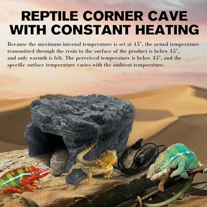 Heated Reptile Hide Cave - Rock Hideout with Adjustable Temperature, Thermostat Heating Rock for Bearded Dragons, Ball Pythons, Leopard Geckos & Small Animals - Snake Hide & Reptile Decor (Rock cave)