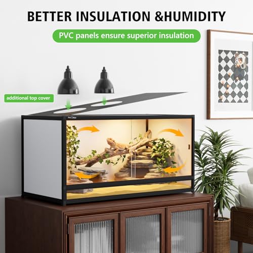 120 Gallon PVC Reptile Enclosure 48"x24"x24" – Large Reptile Tank with Front Sliding Glass Doors & Lock, for Bearded Dragon, Ball Python, Snake - color: Black Frame / White PVC-120 Gallon