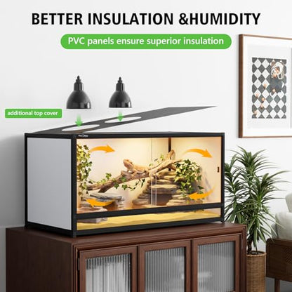 120 Gallon PVC Reptile Enclosure 48"x24"x24" – Large Reptile Tank with Front Sliding Glass Doors & Lock, for Bearded Dragon, Ball Python, Snake - color: Black Frame / White PVC-120 Gallon