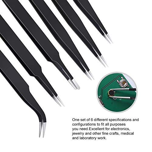 6PCS Precision Tweezers Set, Upgraded Anti-Static Stainless Steel Tweezers | For Electronics, Laboratory Work, Jewelry-Making, Craft, Soldering, etc, by kaverme