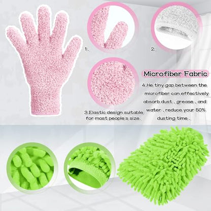 Potchen 6 Pcs Microfiber Dusting Mitt Gloves for Plants Washable Dusting Gloves for House Cleaning Furniture Car Washing - color: Green, Pink, Cyan