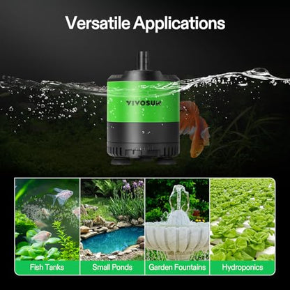 VIVOSUN 210GPH Sub Water Pump for Fish Tank, Pond, Aquarium, Hydroponics | 10W Submersible Water Pump, with Adjustable Flow, 4.9ft Tubing, Additional Ceramic Shaft, and Outlet Adapters, for Fountains - size: 5"×4"-210
