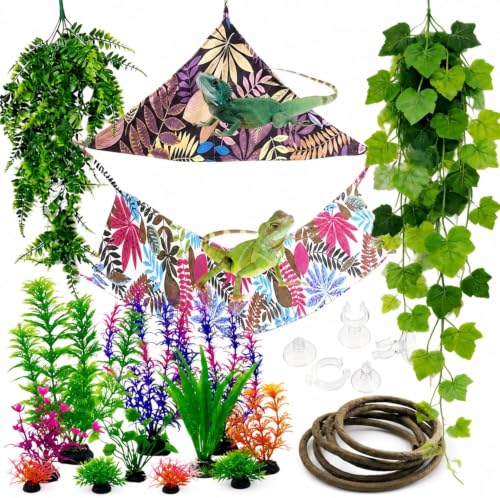 22PCS Bearded Dragon Tank Accessories Crawler Plant Climbing Kit with 2 Hammocks, 2 Flexible Vines, 20 Grape Leaves, Suction Cups & Artificial Plants – Lifelike Terrarium Decor for Gecko, Chameleon