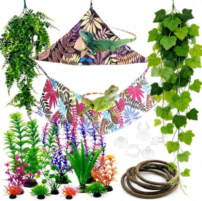 22PCS Bearded Dragon Tank Accessories Crawler Plant Climbing Kit with 2 Hammocks, 2 Flexible Vines, 20 Grape Leaves, Suction Cups & Artificial Plants – Lifelike Terrarium Decor for Gecko, Chameleon