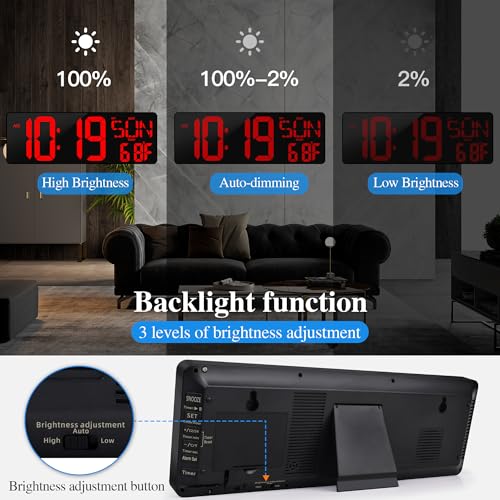 16.5 Digital Wall Clock Large Display, LED Wall Clock with Date and Temperature,Count Up/Down Timer Clock with Remote Control, Adjustable Brightness Alarm Clock for Home, Office, Gym, Elderly - color: 17''-red-remote
