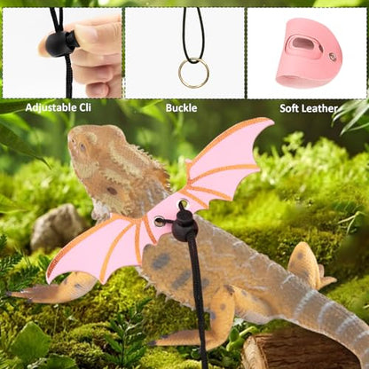 Bearded Dragon Carriers and Leather Leash with Wings,Bearded Dragon Leash Lizard Adjustable Harness,Small Pet Backpack Batwing Accessories for Outdoor Travel Walking Rest - color: Pink