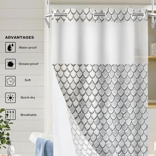 Snake Scale No Hooks Shower Curtain with Snap in Liner Set, Gray Fish Scale Pattern Tub Curtainn Mesh Top Window & Magnetic Hem Waterproof 35.5X74 Inch - color: Snake Scale 1 White03, size: 35.4"W x 74"L (Pack of 1)