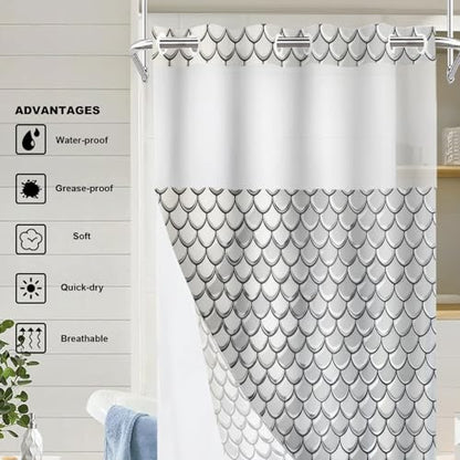 Snake Scale No Hooks Shower Curtain with Snap in Liner Set, Gray Fish Scale Pattern Tub Curtainn Mesh Top Window & Magnetic Hem Waterproof 35.5X74 Inch - color: Snake Scale 1 White03, size: 35.4"W x 74"L (Pack of 1)