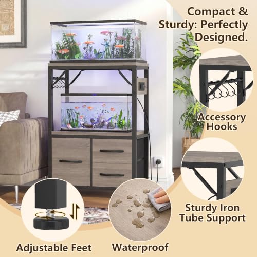 Heybly 5-10Gal Fish Tank Stand with Drawer, Power Outlet,200lbs HAS002SSG-1 | Aquarium Stand,Heavy Duty Metal Frame for Fish Tank, Turtle & Reptile Terrarium, 20.5" × 10.2" Top, Rustic Gray - color: Greige, size: 5-10 gal