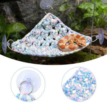 Hand-Woven Triangle Snake Hammock - 12"x12"x15" Cotton Rope Climbing Resting Lounge with Suction Cups for Reptile Tank Decor, Suitable for Bearded Dragon Chameleon Ball Python Gecko Lizard