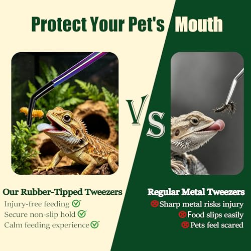 4 Pack Reptile Thermometer and Humidity Gauge & Reptile Feeding Tongs | Bearded Dragon Tank Accessories, Digital Hygrometer and 10.6" Straight & Curved Long Tweezers with Rubber Tips for Lizard