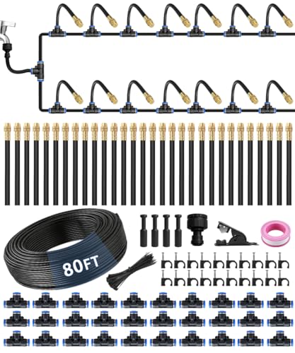 80FT 5/16" Misting Irrigation System for Garden with 30 Adjustable Nozzles | 360° Bendable Copper Nozzles, Quick Connect, Steady Flow, UV-Resistant PE Tubing & Accessories, Garden Beds& Greenhouse - size: 80 FT+30 Nozzles
