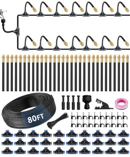 80FT 5/16" Misting Irrigation System for Garden with 30 Adjustable Nozzles | 360° Bendable Copper Nozzles, Quick Connect, Steady Flow, UV-Resistant PE Tubing & Accessories, Garden Beds& Greenhouse - size: 80 FT+30 Nozzles