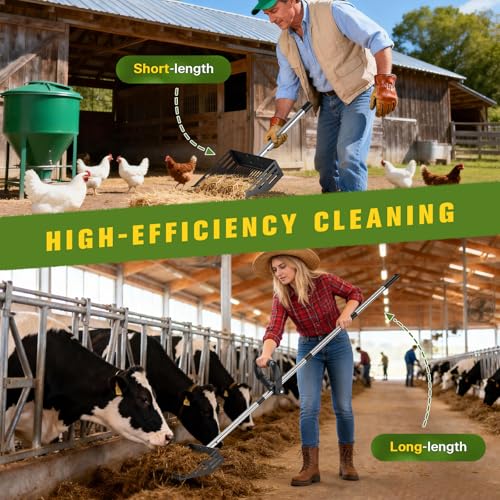 2-in-1 Chicken Poop Scooper & Rake with Ergonomic Non-Slip Handle, Adjustable Stainless Steel Handle (36–63"), Litter Cleaning Tools for Chicken Coop Farm Animals