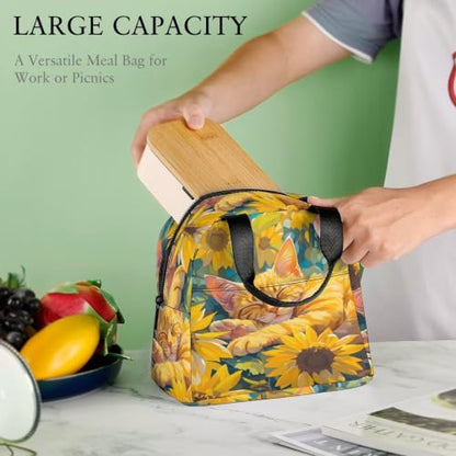 Sleeping Cat Sunflower Lunch Bag for Women Men | Insulated Lunch Box Leakproof Food Meal Containers Reusable Foldable 6L Capacity Lunch Tote Bags for Work Picnic Travel - color: Style 5