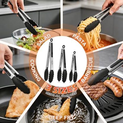 Stainless Steel Kitchen Tongs with Silicone Tips, Locking Grilling Food Tongs, 7" 9" and 12", Set of 3 Black - color: 3pack Black