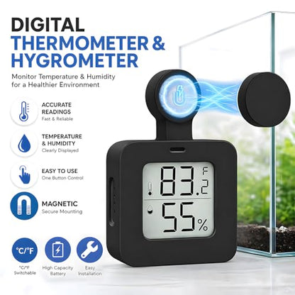 Magnetic Reptile Thermometer Hygrometer,Large Screen °F/°C Digital Temp&Humidity Gauge for Terrarium Tank Enclosure,for Gecko,Bearded Dragon,Snake,Tortoise,Hermit Crab,Jumping Spider (1 Black) - color: 1 Black