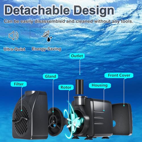 SongLong 200GPH(750L/H) 9.9ft Power Cord Submersible Pump, Water Fountain Pump with 5.3ft Lift for Ponds, Water Fountains, Aquariums & Hydroponics.