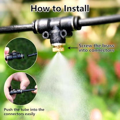 24 Pack Brass Misting Nozzles Outdoor Cooling System | Include 24 Heavy Duty Mister Nozzle,24 Tees,4 Brass Plugs,4 Black Plugs for Outdoor Cooling System - size: 24pc-Brass Misting Nozzles kit