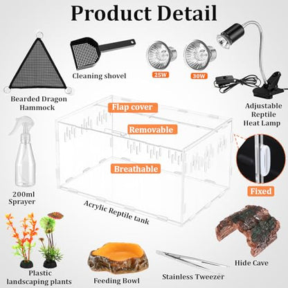 Kathfly 13 Pcs Mini Reptile Terrarium Starter Kits, 12x8x6'' Insect Amphibians Reptile Tank Insect Habitat Cage Acrylic Tank Hidden Shell Heat Lamp Hammock and Other Accessories for Fish Turtle Spider