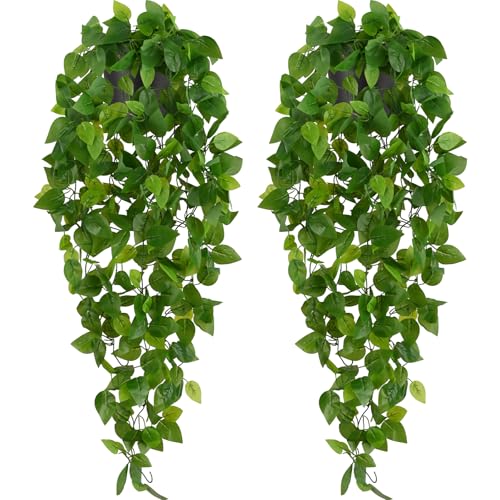 Fake Hanging Plants, 2Pcs Artificial Potted Plant Pothos | Faux Ivy Vines Greenery for Wall Home Bedroom Living Room Aesthetic Kitchen Office Aesthetic Kitchen Indoor Outdoor Decor - color: Epipremnum Aureum, size: 2Pcs Plants with Pot